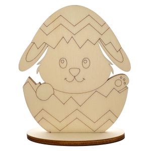 Iepuras in ou, cu stativ, din lemn, 10 cm inaltime
