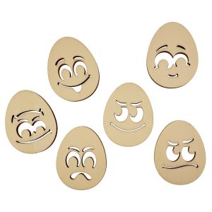 Set 6 oua paste, model emoticons, din lemn, 6 cm